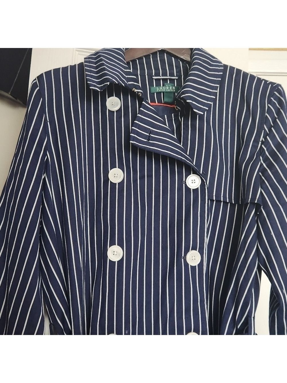 NEW LAUREN RALPH LAUREN NAVY/WHITE PINSTRIPE TRENCH SZ XL - Picture 2 of 12